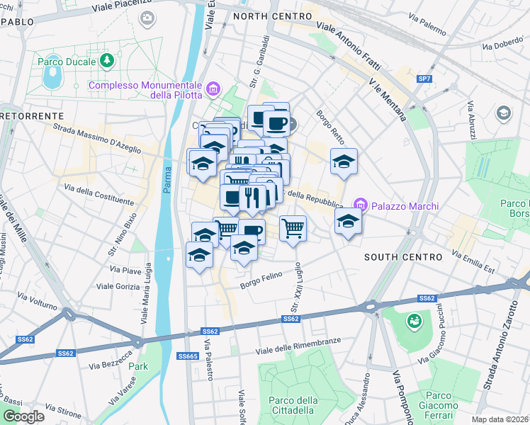 map of restaurants, bars, coffee shops, grocery stores, and more near 17 Via Nazario Sauro in Parma