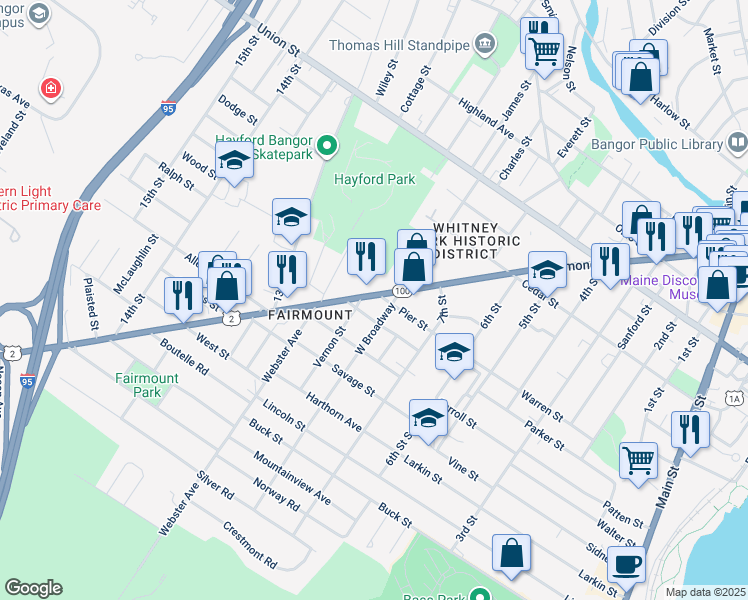 map of restaurants, bars, coffee shops, grocery stores, and more near 494 Hammond Street in Bangor