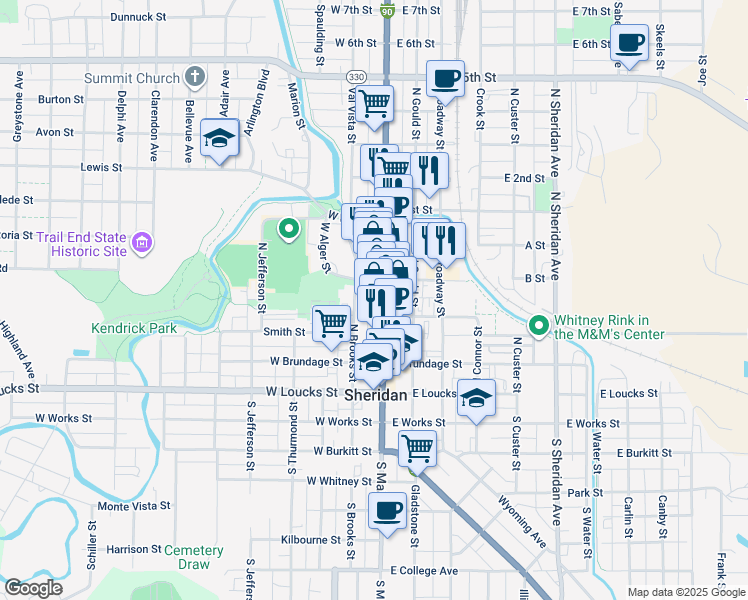 map of restaurants, bars, coffee shops, grocery stores, and more near 256 North Main Street in Sheridan