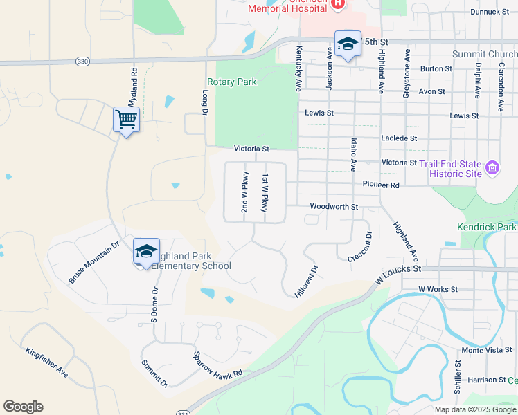 map of restaurants, bars, coffee shops, grocery stores, and more near 323 1st West Parkway in Sheridan