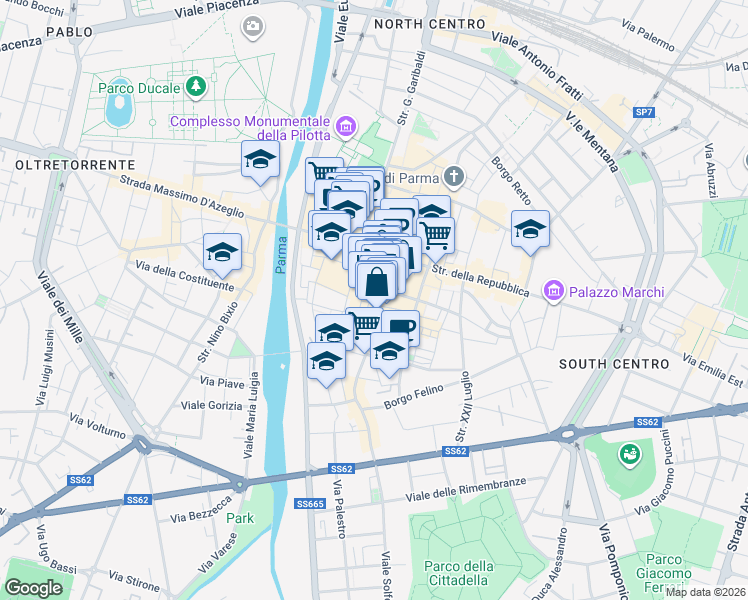 map of restaurants, bars, coffee shops, grocery stores, and more near 2 Borgo del Carbone in Parma