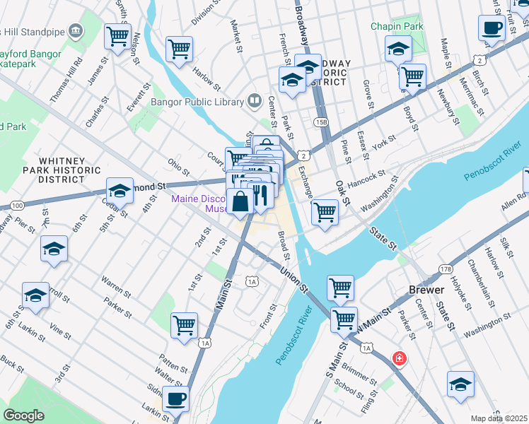 map of restaurants, bars, coffee shops, grocery stores, and more near 10 Water Street in Bangor