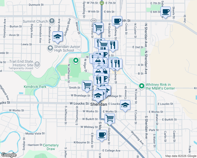 map of restaurants, bars, coffee shops, grocery stores, and more near 256 North Main Street in Sheridan