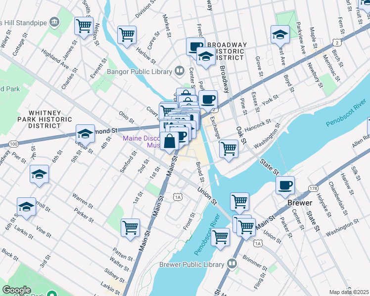 map of restaurants, bars, coffee shops, grocery stores, and more near 10 Water Street in Bangor