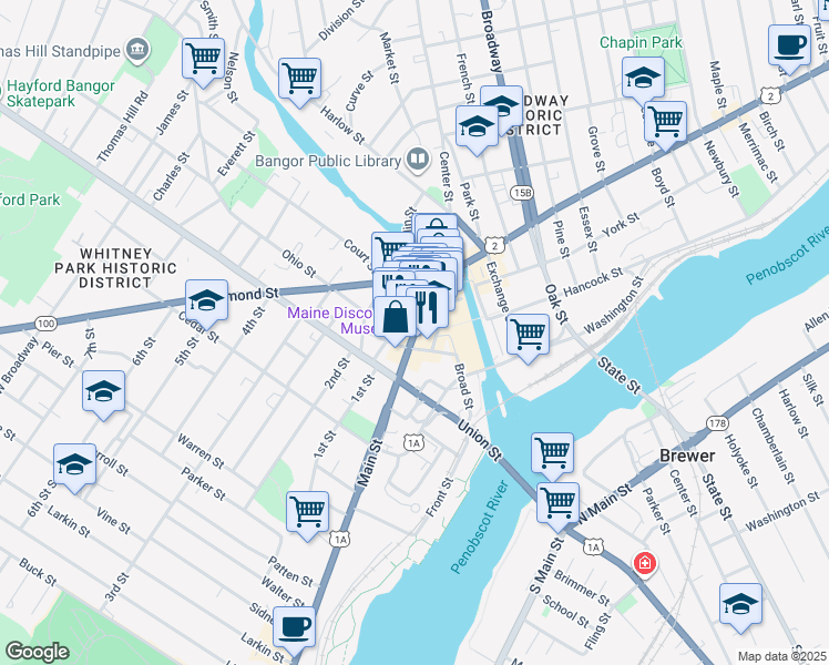 map of restaurants, bars, coffee shops, grocery stores, and more near 10 Water Street in Bangor