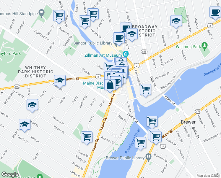 map of restaurants, bars, coffee shops, grocery stores, and more near 10 Water Street in Bangor