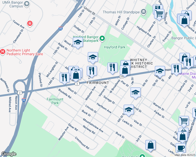 map of restaurants, bars, coffee shops, grocery stores, and more near 16 Elizabeth Avenue in Bangor