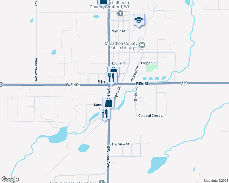 map of restaurants, bars, coffee shops, grocery stores, and more near 123 East Fir Street in Stratford