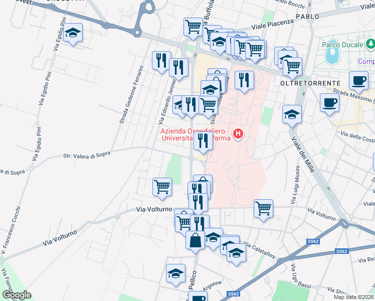 map of restaurants, bars, coffee shops, grocery stores, and more near 27 Via Alexander Fleming in Parma