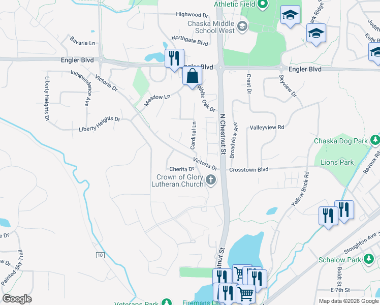 map of restaurants, bars, coffee shops, grocery stores, and more near 205 Cardinal Court in Chaska