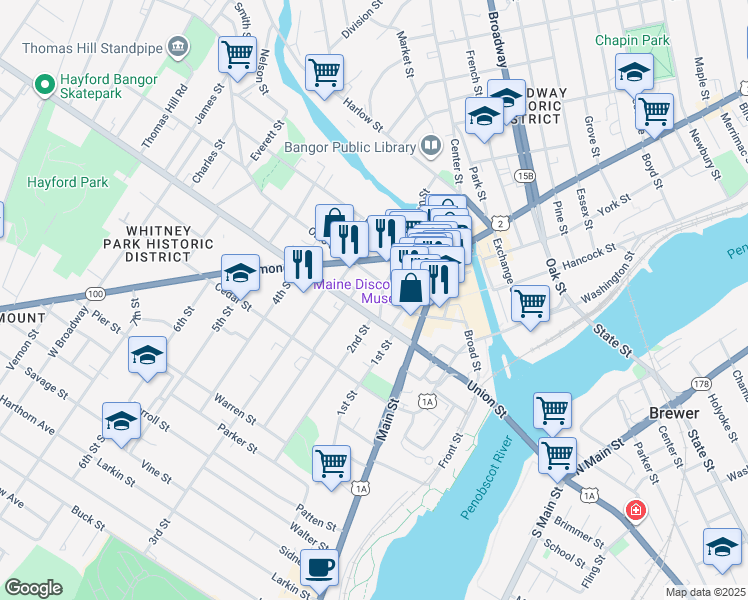 map of restaurants, bars, coffee shops, grocery stores, and more near 51 High Street in Bangor
