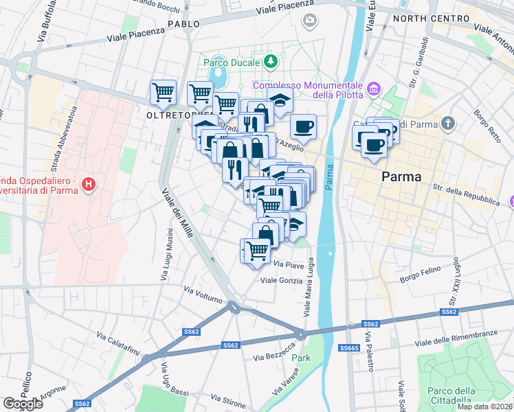 map of restaurants, bars, coffee shops, grocery stores, and more near 2 Borgo Paglia in Parma