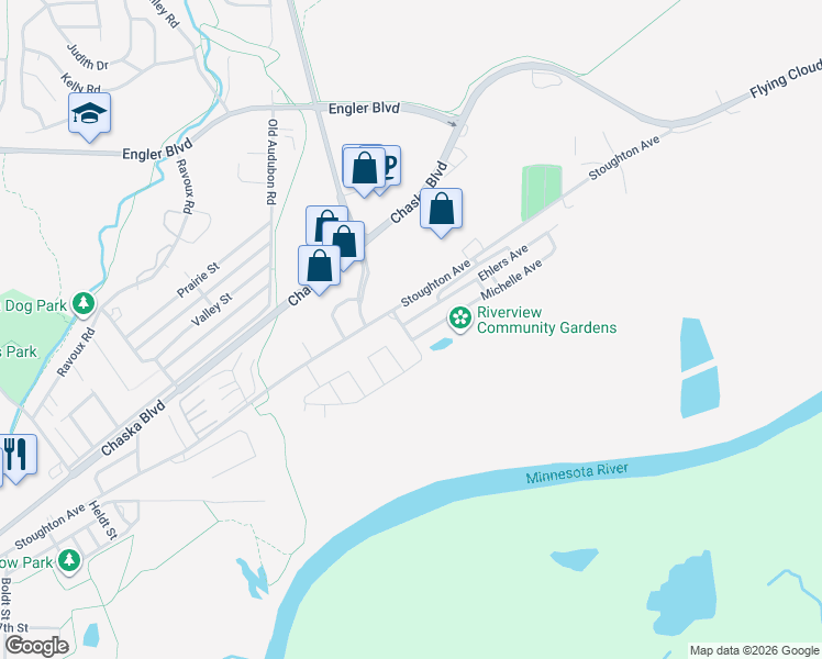 map of restaurants, bars, coffee shops, grocery stores, and more near 1-19 Ehlers Ave in Chaska