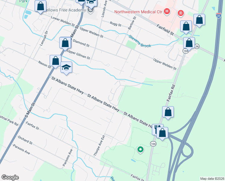map of restaurants, bars, coffee shops, grocery stores, and more near 113 Gricebrook Road in Saint Albans City
