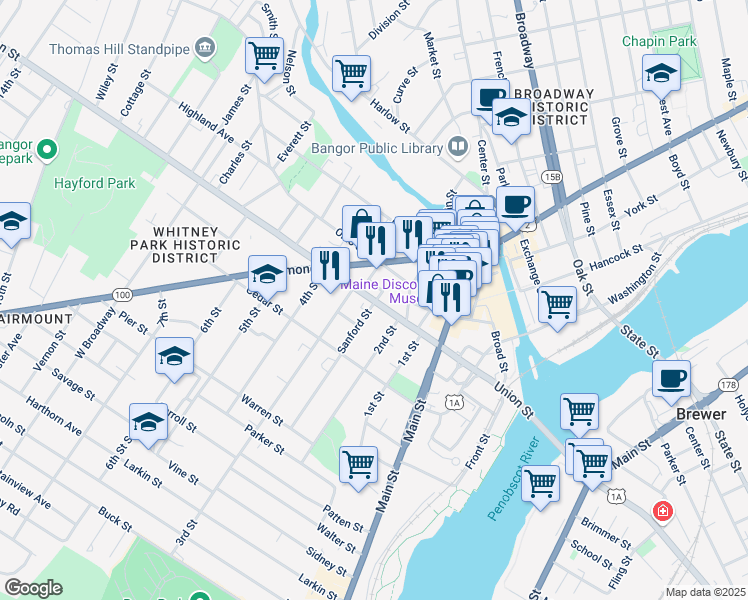 map of restaurants, bars, coffee shops, grocery stores, and more near 11 Dole Court in Bangor