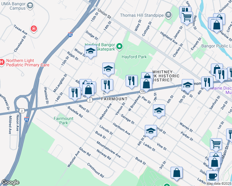 map of restaurants, bars, coffee shops, grocery stores, and more near 16 Elizabeth Avenue in Bangor