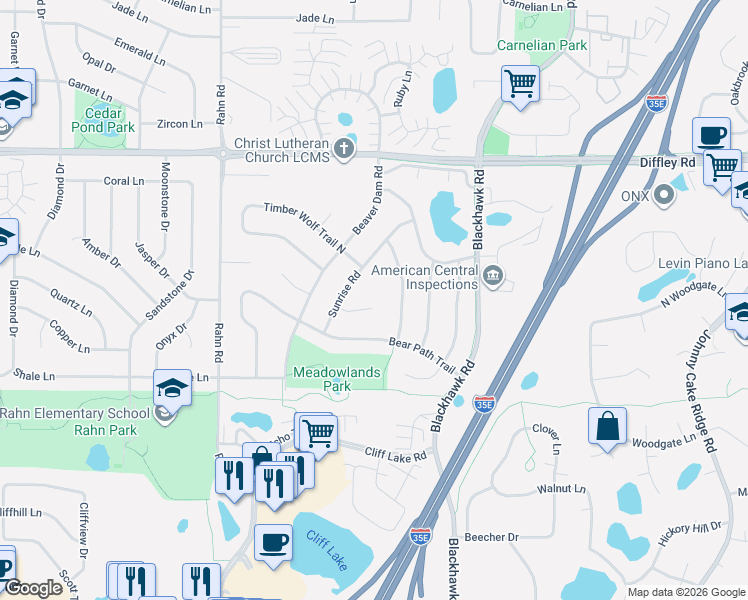 map of restaurants, bars, coffee shops, grocery stores, and more near 1883 Sunrise Court in Eagan