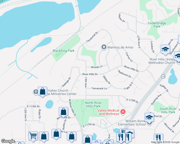 map of restaurants, bars, coffee shops, grocery stores, and more near 1907 Woods Lane in Burnsville