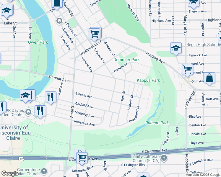 map of restaurants, bars, coffee shops, grocery stores, and more near 464 Summit Avenue in Eau Claire