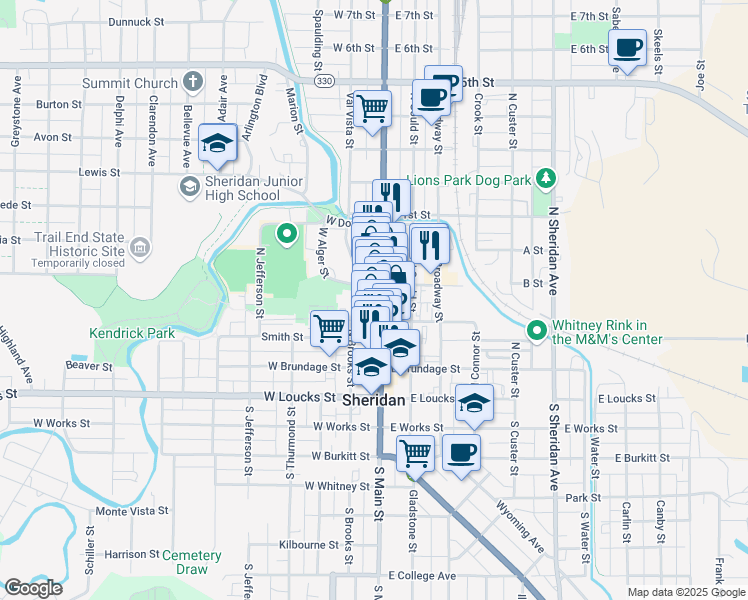 map of restaurants, bars, coffee shops, grocery stores, and more near 234 North Main Street in Sheridan