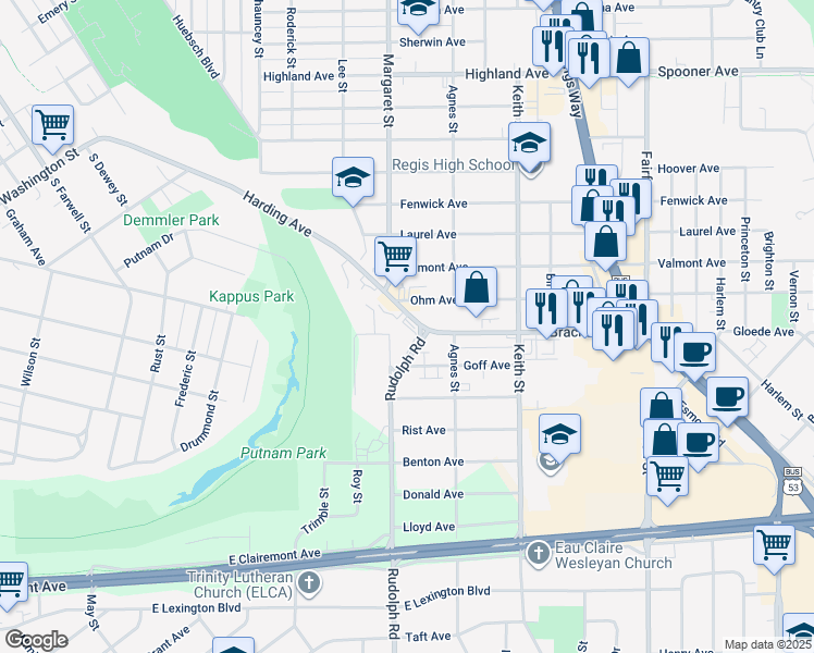 map of restaurants, bars, coffee shops, grocery stores, and more near 1709 Harding Avenue in Eau Claire