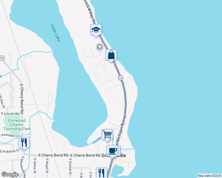 map of restaurants, bars, coffee shops, grocery stores, and more near 12312 South West Bay Shore Drive in Traverse City