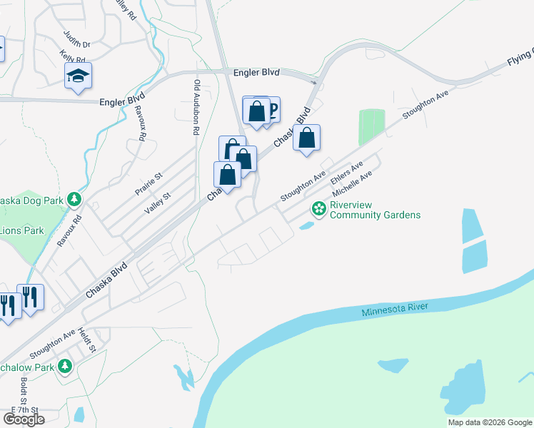 map of restaurants, bars, coffee shops, grocery stores, and more near 1260 Stoughton Avenue in Chaska