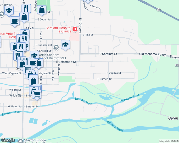 map of restaurants, bars, coffee shops, grocery stores, and more near 1157 East Virginia Street in Stayton