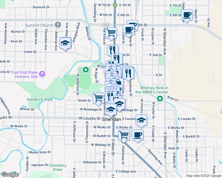 map of restaurants, bars, coffee shops, grocery stores, and more near 234 North Main Street in Sheridan