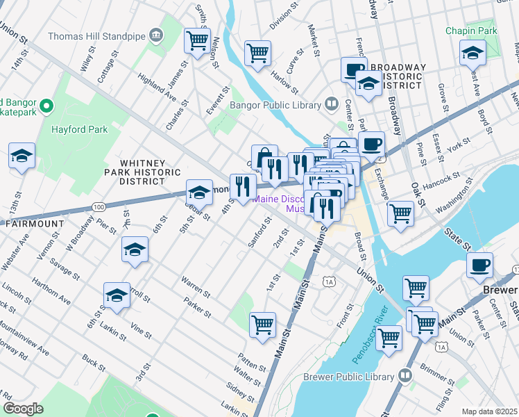 map of restaurants, bars, coffee shops, grocery stores, and more near 202 Union Street in Bangor