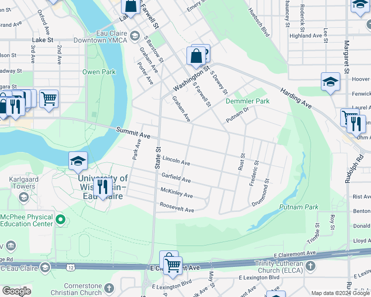 map of restaurants, bars, coffee shops, grocery stores, and more near 339 Summit Avenue in Eau Claire