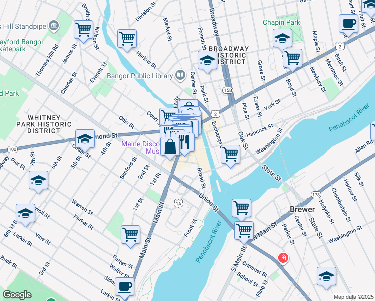map of restaurants, bars, coffee shops, grocery stores, and more near 10 Water Street in Bangor