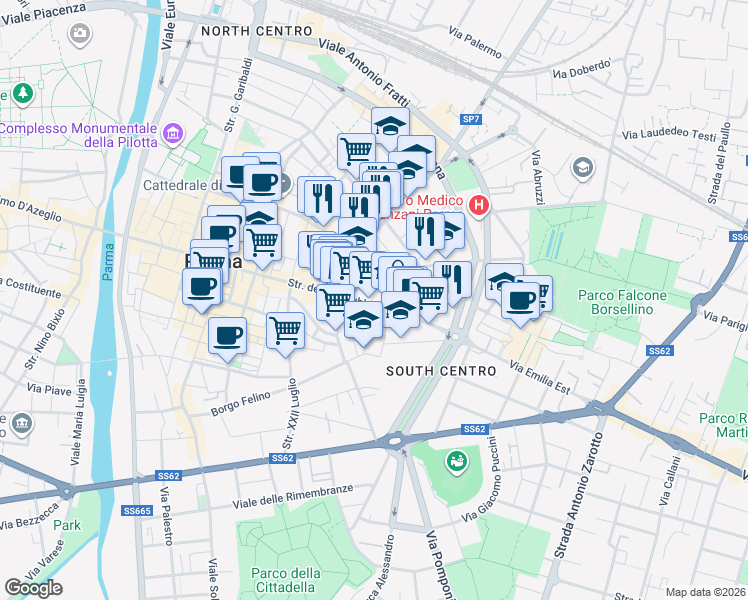 map of restaurants, bars, coffee shops, grocery stores, and more near in Parma