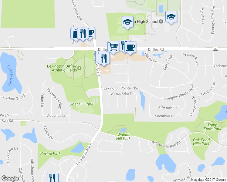 map of restaurants, bars, coffee shops, grocery stores, and more near 1043 Walnut Ridge Drive in Eagan