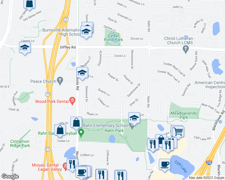 map of restaurants, bars, coffee shops, grocery stores, and more near 2070 Marble Lane in Eagan