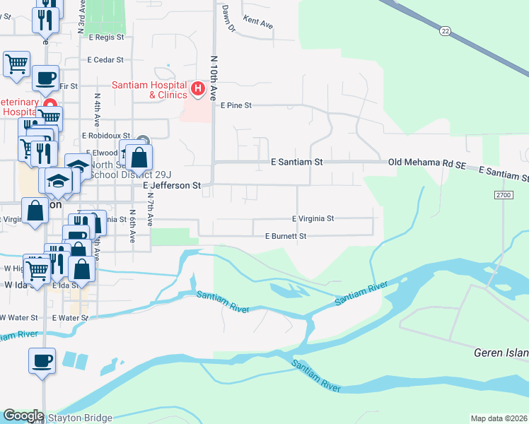 map of restaurants, bars, coffee shops, grocery stores, and more near 1243 East Virginia Street in Stayton