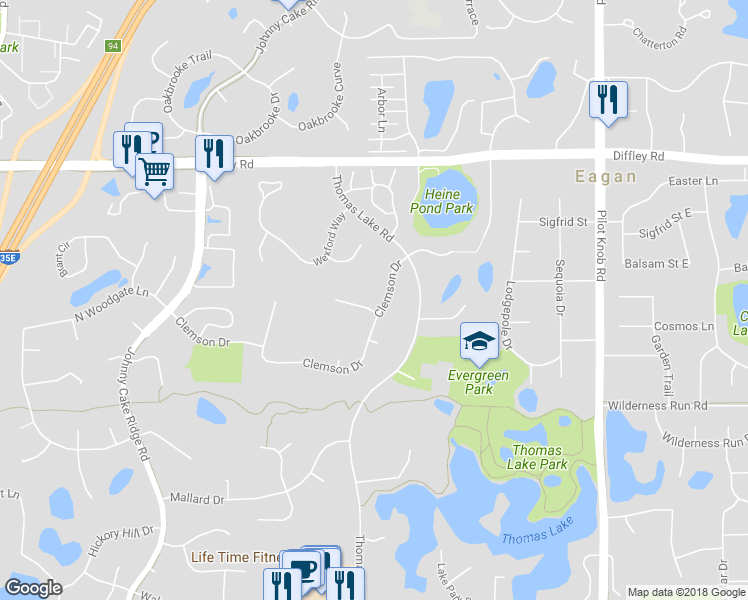 map of restaurants, bars, coffee shops, grocery stores, and more near 1535 Clemson Drive in Eagan