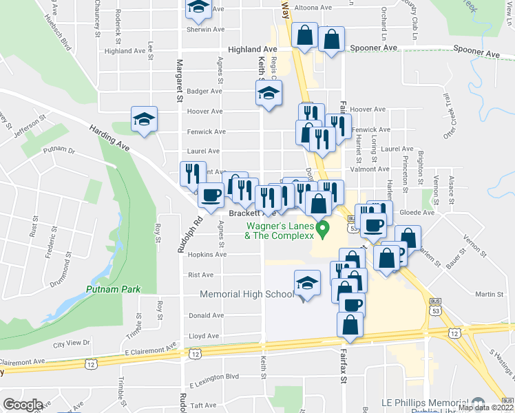 map of restaurants, bars, coffee shops, grocery stores, and more near 1718 Keith Street in Eau Claire