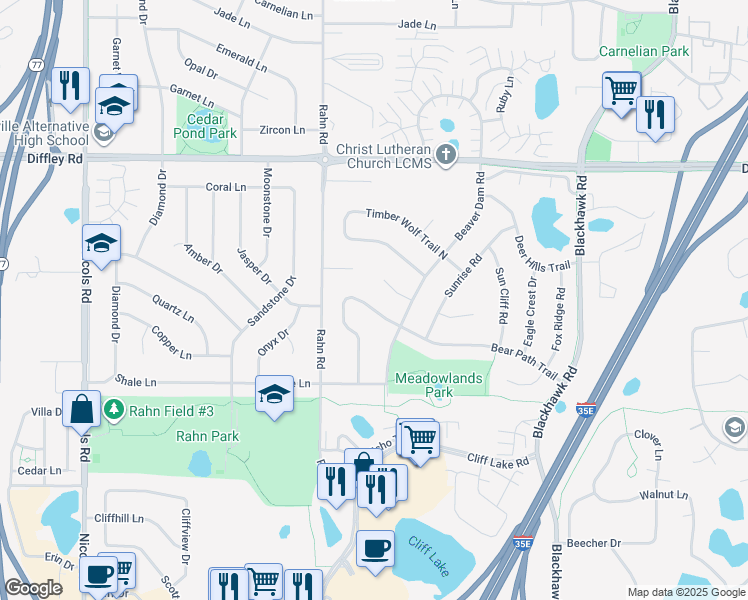 map of restaurants, bars, coffee shops, grocery stores, and more near 4329 Bear Path Trail in Eagan