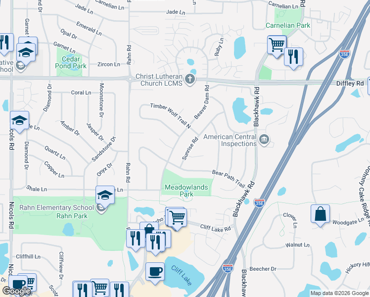 map of restaurants, bars, coffee shops, grocery stores, and more near 4297 Sunrise Road in Eagan
