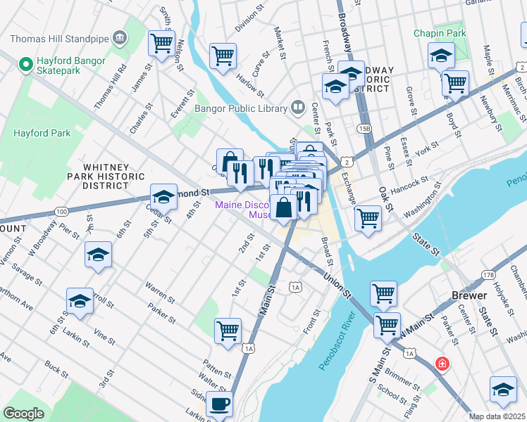 map of restaurants, bars, coffee shops, grocery stores, and more near 62 High Street in Bangor