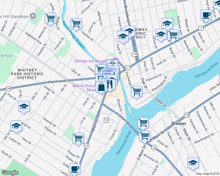 map of restaurants, bars, coffee shops, grocery stores, and more near 65 Main Street in Bangor