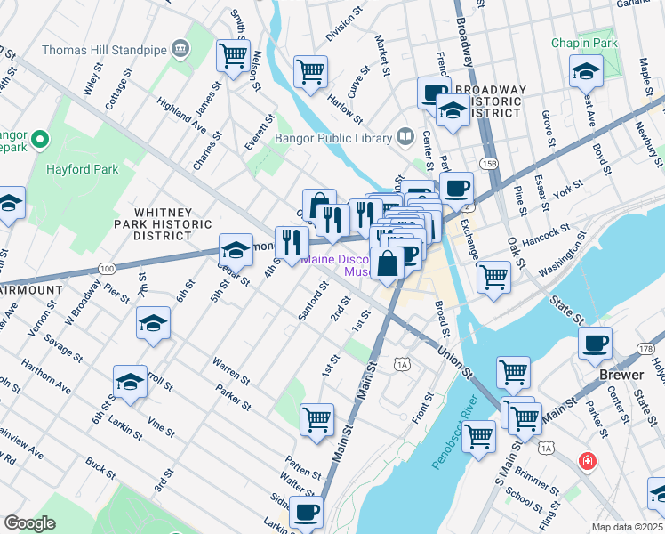 map of restaurants, bars, coffee shops, grocery stores, and more near 11 Dole Court in Bangor
