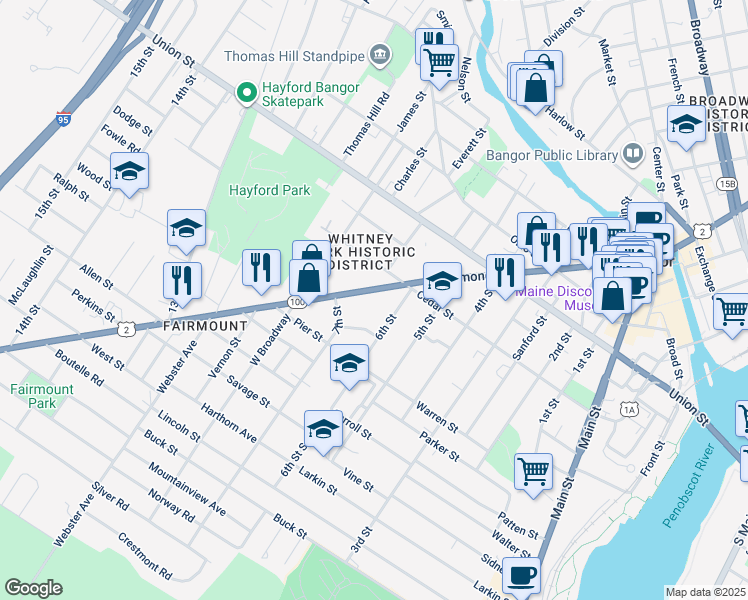 map of restaurants, bars, coffee shops, grocery stores, and more near 388 Hammond Street in Bangor