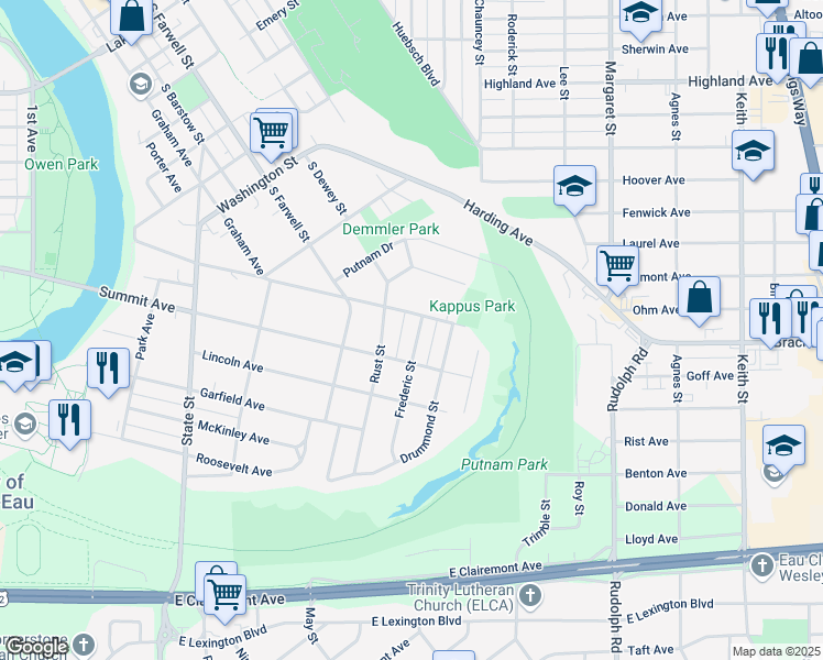 map of restaurants, bars, coffee shops, grocery stores, and more near 1412 Frederic Street in Eau Claire