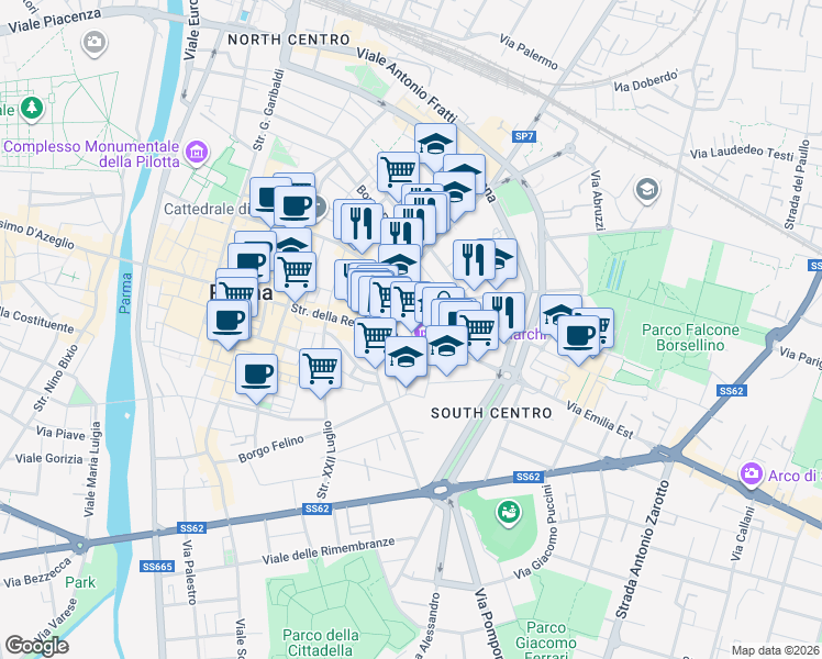 map of restaurants, bars, coffee shops, grocery stores, and more near in Parma
