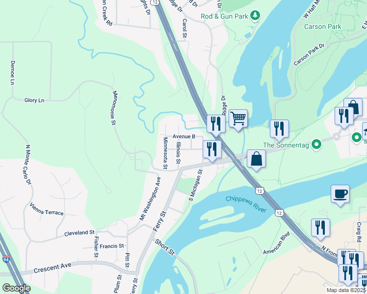 map of restaurants, bars, coffee shops, grocery stores, and more near 1514 Avenue A Street in Eau Claire