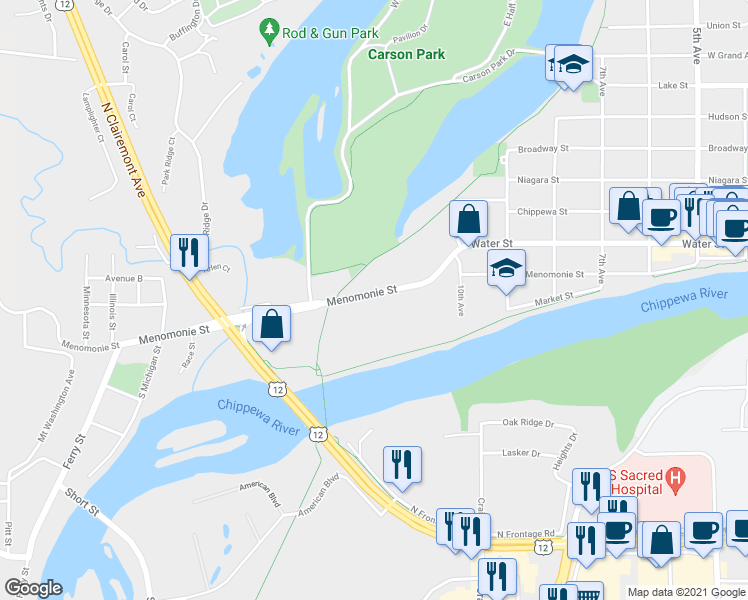 map of restaurants, bars, coffee shops, grocery stores, and more near 1211 Menomonie Street in Eau Claire