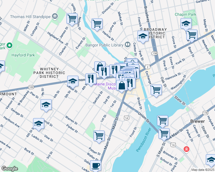 map of restaurants, bars, coffee shops, grocery stores, and more near 11 Dole Court in Bangor