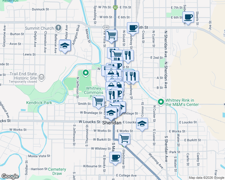 map of restaurants, bars, coffee shops, grocery stores, and more near 256 North Main Street in Sheridan